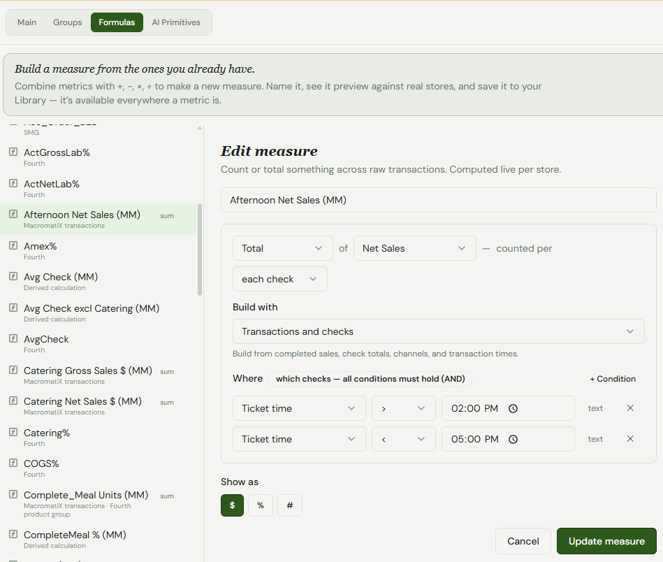Custom restaurant metric totaling net sales for checks after 2 PM and before 5 PM