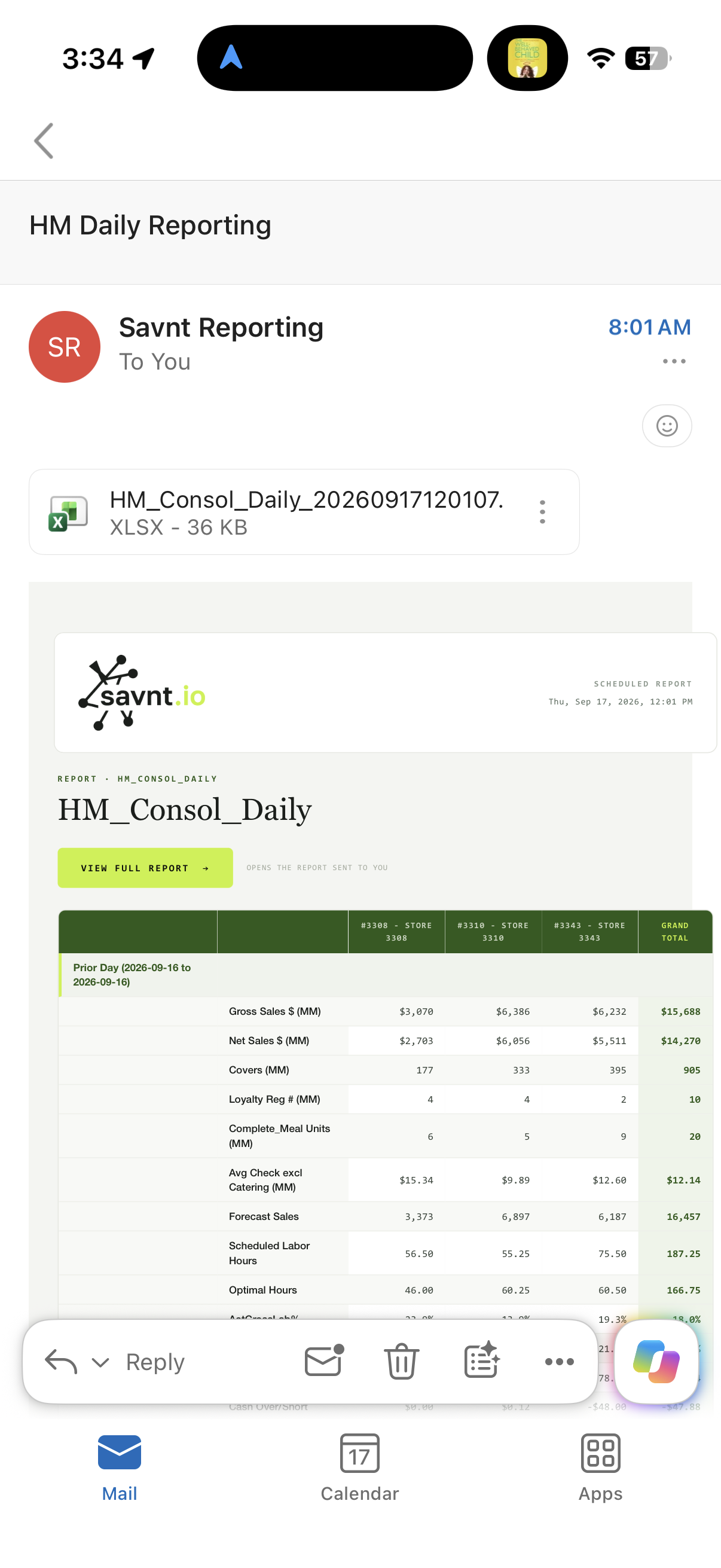 Savnt daily restaurant report delivered by email at 8:01 AM with Excel attachment and a full-report link